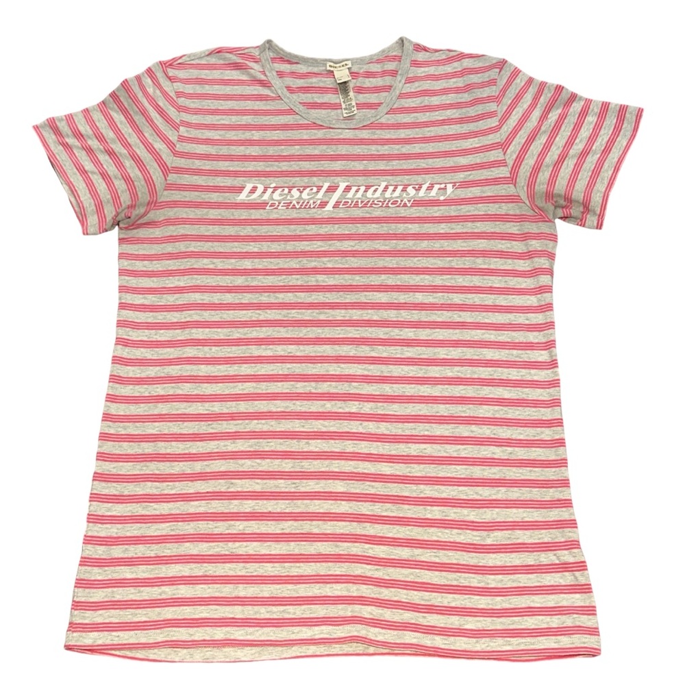 DIESEL Y2K men's/unisex grey and pink striped graphic tee, size large.